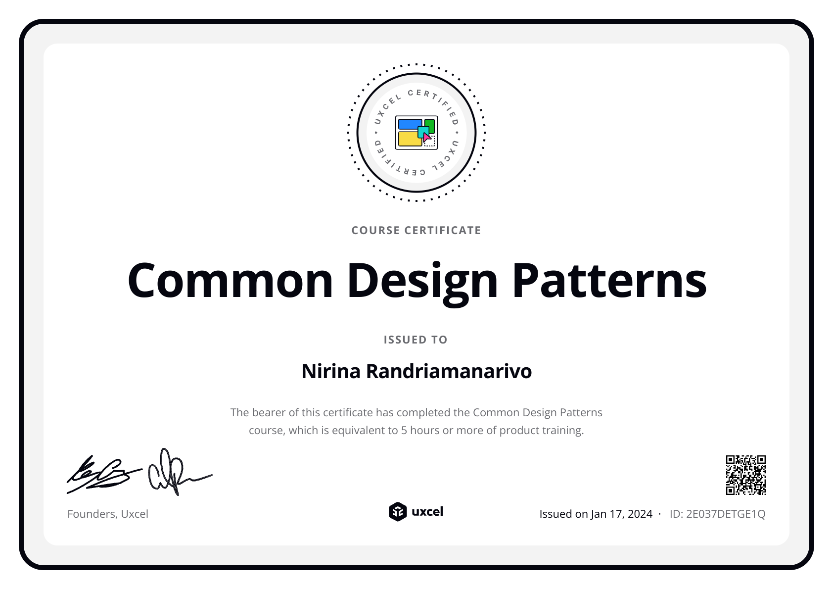 Nirina's certificate